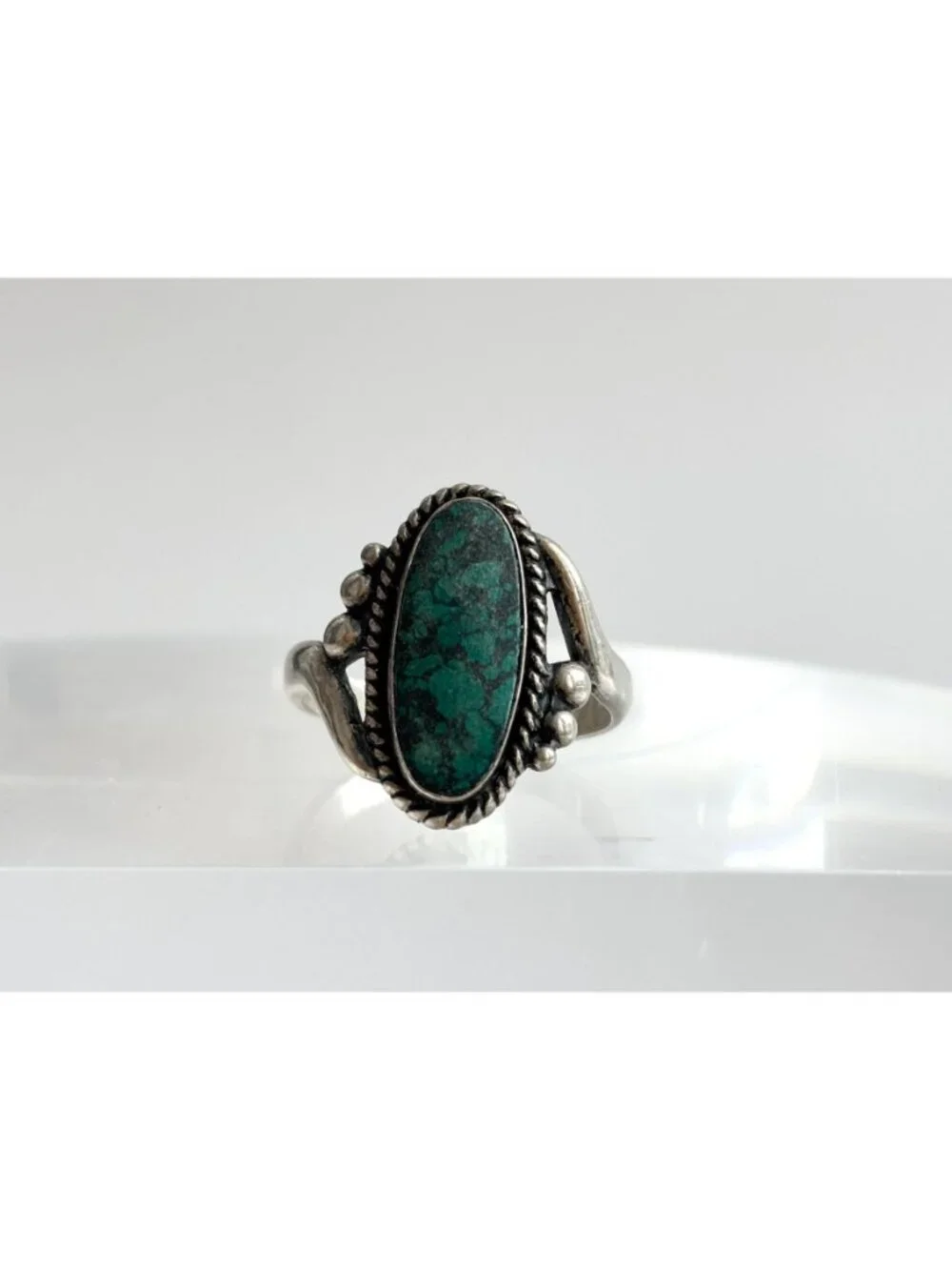 Green Turquoise Beaded Southwest Style Sterling Silver 925 Vintage Ring sz 7.5